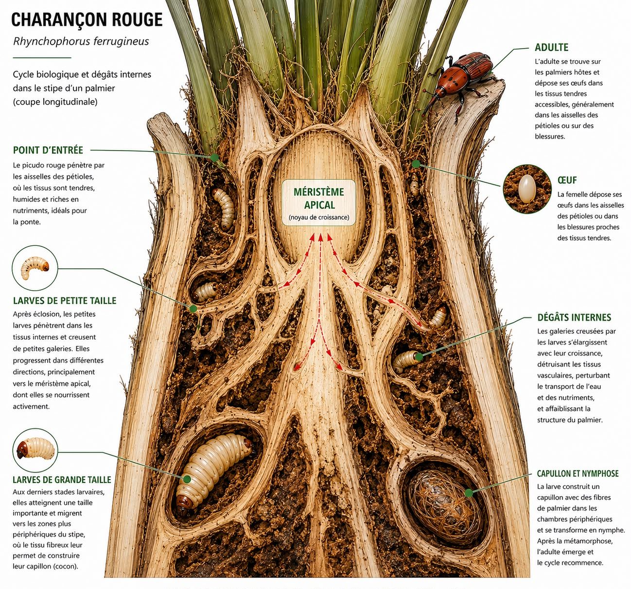 Infographie : coupe longitudinale du stipe d'un palmier attaqué par le charançon rouge — œufs, larves, galeries, cocon et méristème apical